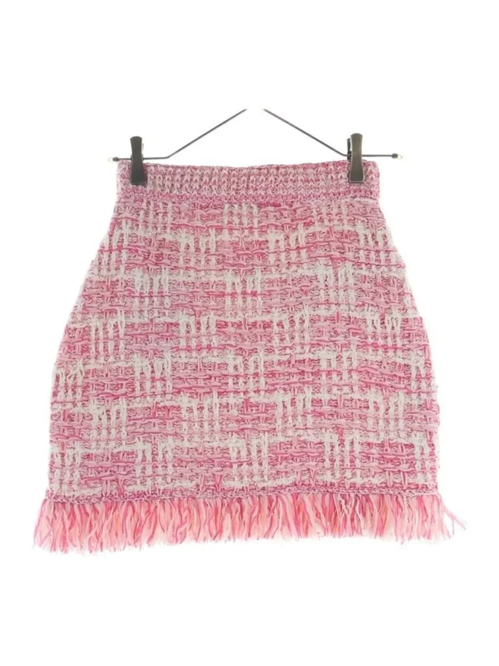 Chanel Tweed Fringe Skirt CC Logo Button Pink White